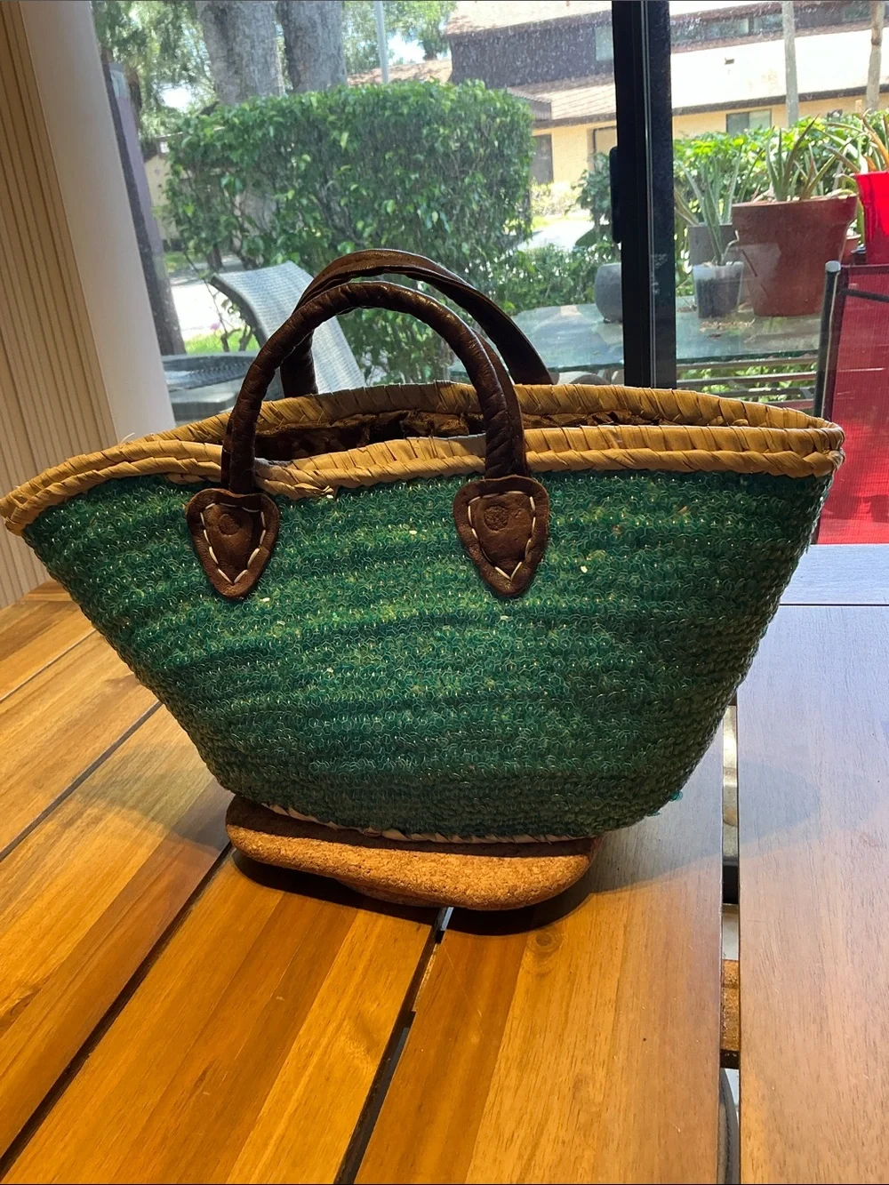 Green Woven Tote with Star Accent and Brown Handles